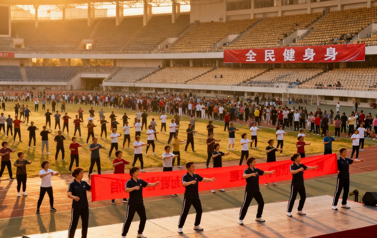 大型露天体育场内数千名市民参加全民健身日活动，舞台上身穿统一服装的教练团队正在带领全场进行热身操，看台上悬挂着全民健身的横幅标语。