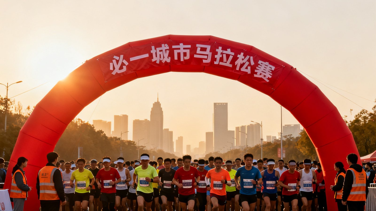 清晨阳光中城市马拉松赛事起点场景，数百名身着各色运动服的跑者聚集在红色充气拱门下蓄势待发，拱门上悬挂着必一城市马拉松赛横幅，两侧有穿着统一马甲的志愿者引导人群，远处可见城市高楼轮廓。